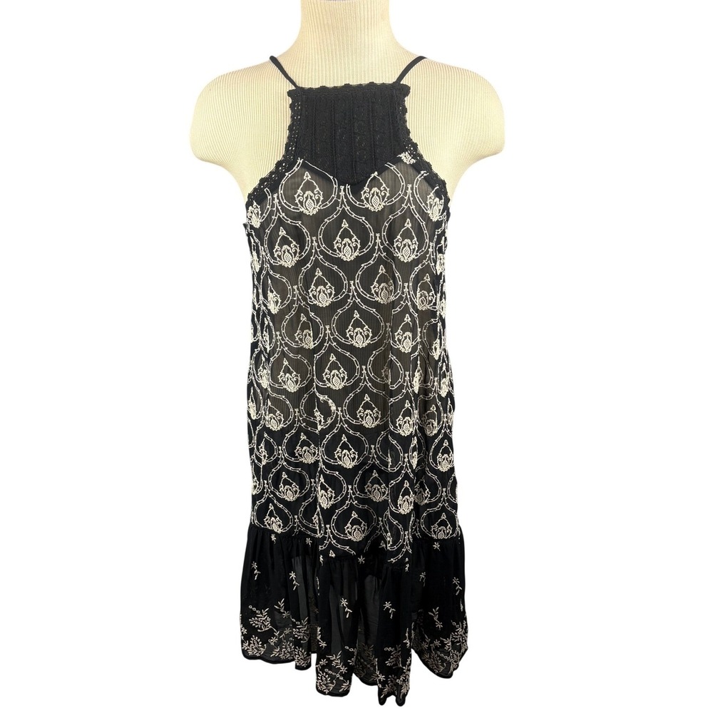 Anthropologie Black Embroidered Halter Mini Dress XXS Boho Ethereal Lace Ruffle